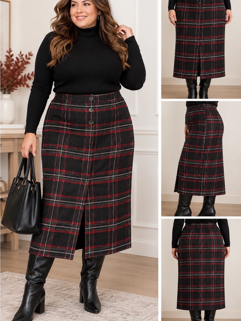 Jessica London Black and Red Plaid Midi Button-Front Skirt